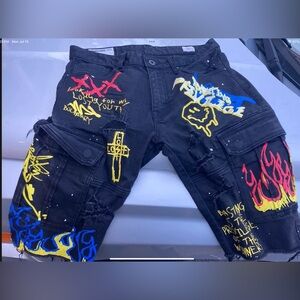 Smoke Rise Black Denim Cut Off Cargo Shorts Graffiti Flames Paint Splatter Sz 32